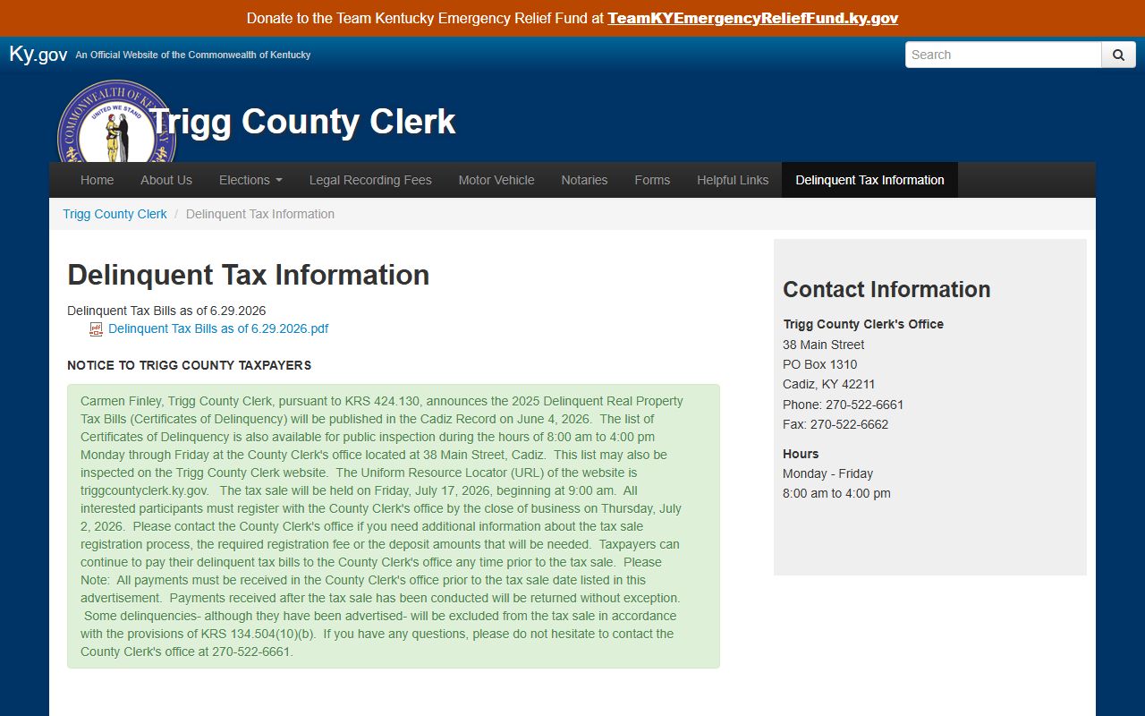 Trigg County clerk records delinquent tax information page
