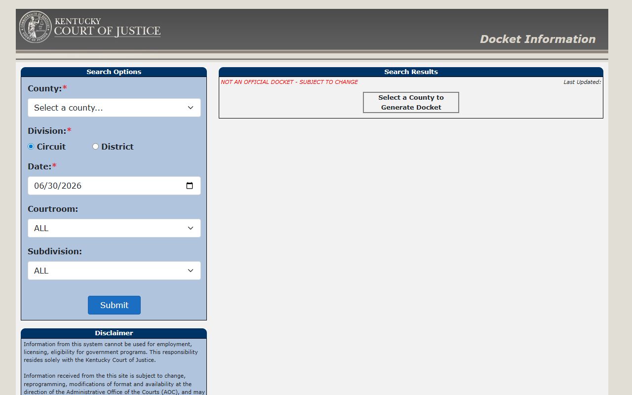 Trigg County court dockets statewide Kentucky docket search
