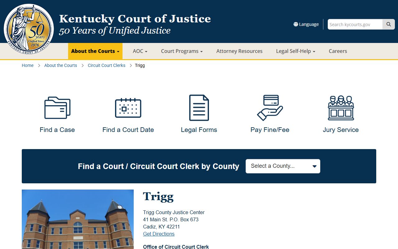 Trigg County court records page for the Justice Center in Cadiz